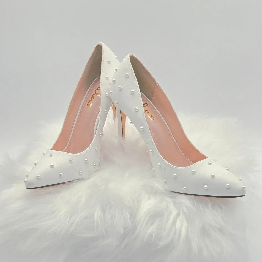 Lulus Pearl Pumps Womens 8 White Excellent Pointed Toe Stiletto Feminine Heels